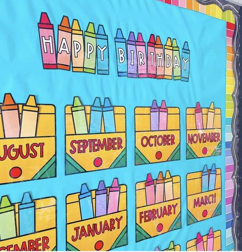 Happy Birthday Chart, Crayon Themed Classroom, Birthday Display In Classroom, Birthday Bulletin Board, Preschool Birthday, Birthday Board Classroom, Birthday Chart, Board Classroom, Birthday Bulletin Boards