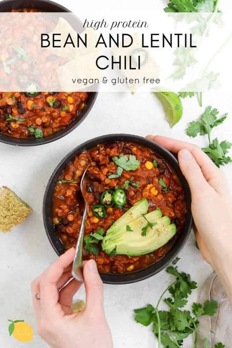 Bean And Lentil Chili, Lentil Chili Recipe, Vegetarian High Protein, Vegan Bean, Lentil Chili, Vegan Stew, Vegan Lentil, Protein Dinner, High Protein Vegan Recipes