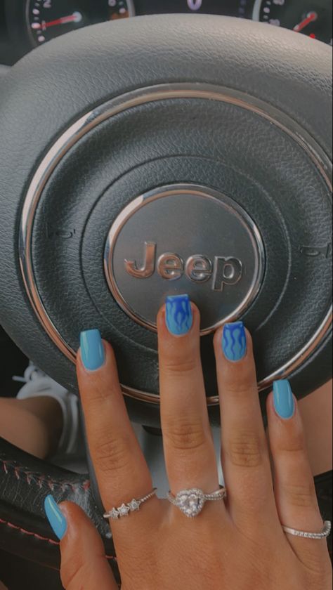 Western Flame Nails, Western Nails Blue, Blue Flame Nails, Blue Nail Inspo, Cowboy Nails, Flame Nails, Western Nails, Navy Blue Nails, Summer Gel Nails