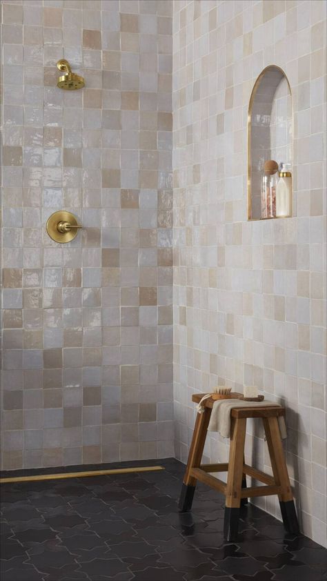 6 Lovely Pink Tile Bathroom Ideas - The Tile Shop Blog White Square Zellige Tile, Zellige Powder Room, Zellige Bathrooms, Ombre Tile Bathroom, White Zellige Tile Bathroom, Zelig Tiles, Zellige Bathroom, Pink Tile Bathroom Ideas, Zellige Tile Bathroom