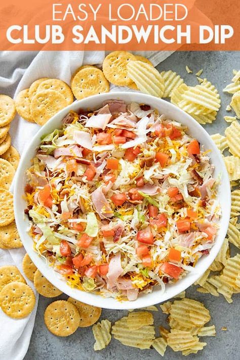 Club Sandwich Dip is one of our all time favorite dip recipes!  Full of bacon, ham, turkey, and 3 cheeses, this one is a winner with your favorite chips, crackers or bread! Sandwich Dip, Sandwich Vegetarian, The Salty Marshmallow, Salty Marshmallow, Appetizer Ideas, Dip Recipes Easy, Favorite Dips, Snack Dip, Cheese Balls