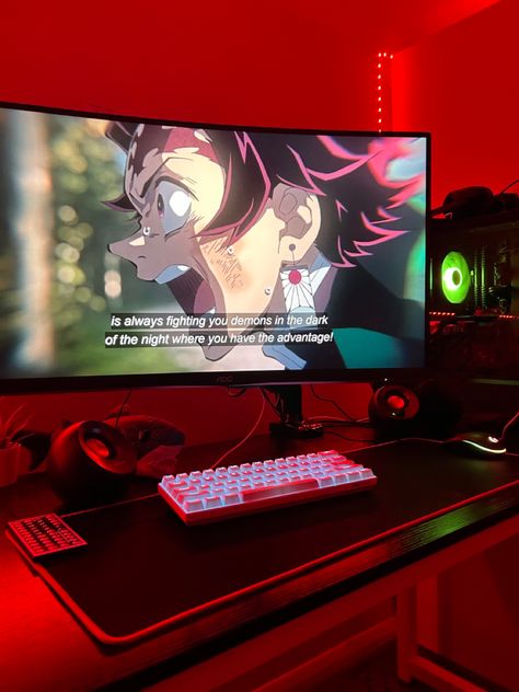 gaming set up with demon slayer playing 🙏🏻 Demon Slayer Gaming Setup, Desk Inspo, Room Setup, Desk Setup, Gaming Setup, Demon Slayer, Gaming, Computer, Desk