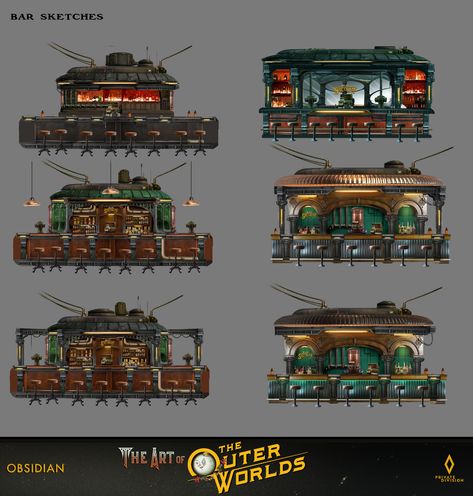 Bobby Hernandez - The Outer Worlds - Bar Concept Bar Concept Art, The Outer Worlds, Dragon Project, Space Western, Bar Concept, Sci Fi Architecture, Architecture Blueprints, Steampunk Artwork, Savage Worlds