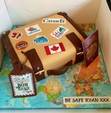 Canadian Bon Voyage Cake - For all your cake decorating supplies, please visit craftcompany.co.uk Bon Voyage Cake Canada, Canada Cake, Bon Voyage Cake, Cake Serving Chart, Canada Party, Farewell Cake, Bon Voyage Party, Leaving Party, Lake Louise Banff