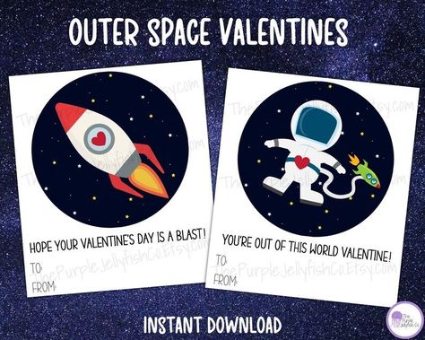 Looking for Valentine’s Day cards for the classroom valentine exchange? These outer space valentines show a spaceship and astronaut with a starry sky background and are perfect for classmates and friends! For an extra cute treat, attach these Valentines favor tags to star shaped cookies or outer space themed candy! Some candy options to consider are: Mars Bar, Milky Way, Galaxy, Starburst or Orbit gum. For a non-candy option, consider galaxy or solar system pencils or space themed toys. Space Themed Valentines, Outer Space Valentines, Space Valentines, Valentine Cards For Kids, Valentine's Day Party Games, Thanksgiving Games For Kids, Valentines Printable, Valentines Gift Tags, Class Valentines