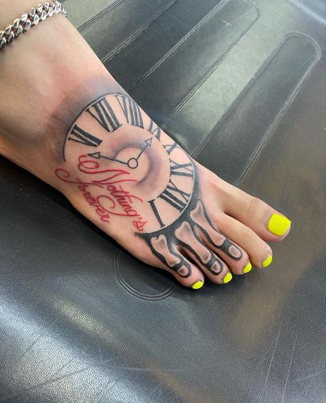 Time Heals Tattoo For Women, Pretty Foot Tattoos For Women, Time Heals Tattoo, Top Of Foot Tattoos, Mommy Daughter Tattoos, Cute Hand Tattoos, Back Piece Tattoo, Clear Acrylic Nails, Foot Tattoos For Women