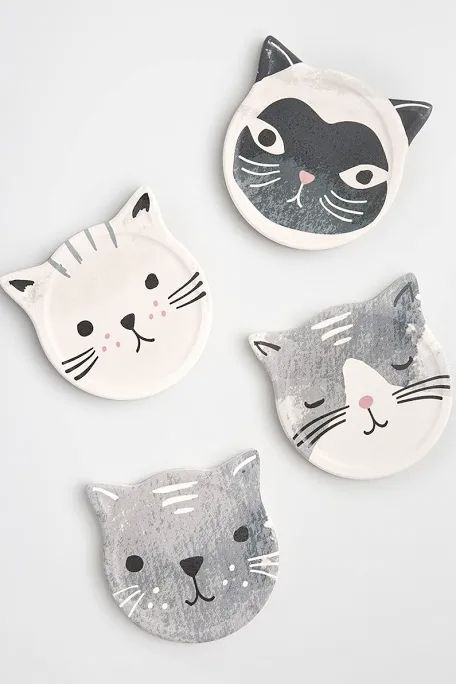 Cat Faces, Cat Coasters, Grey Cat, Rainbow Gift, Ceramic Set, Quirky Gifts, Cat Face, Pottery Painting, Gift Collections