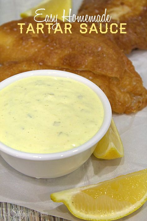 Easy Homemade Tartar Sauce, mayo mixed with pickle relish and spices, so much better than store bought! - ThisSillyGirlsLife.com Easy Tartar Sauce, Flavored Butters, Sauce Tartare, Diy Foods, Homemade Tartar Sauce, Beer Battered Fish, Beer Battered, Battered Fish, Homemade Condiments