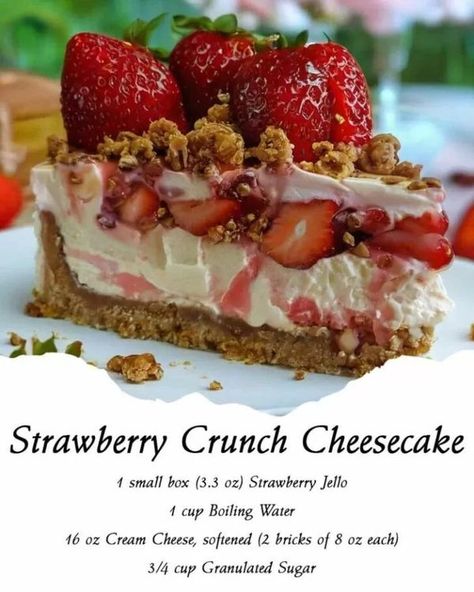 Grandma's Tasty recipes | Strawberry Crunch Cheesecake | Facebook Strawberry Jello Cheesecake, Apple Cheesecake Recipes, Strawberry Crunch Cheesecake, Sugar Cookie Cheesecake, Jello Cheesecake, Crunch Cheesecake, Strawberry Things, No Bake Summer Desserts, Recipes Strawberry