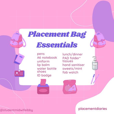 Placement bag. Student midwife Student Nurse Essentials, Clinical Bag Nursing Student, Clinical Bag, Uni Motivation, Midwifery Student, Student Midwife, Nursing School Essential, Nurse Bag, Nursing School Notes