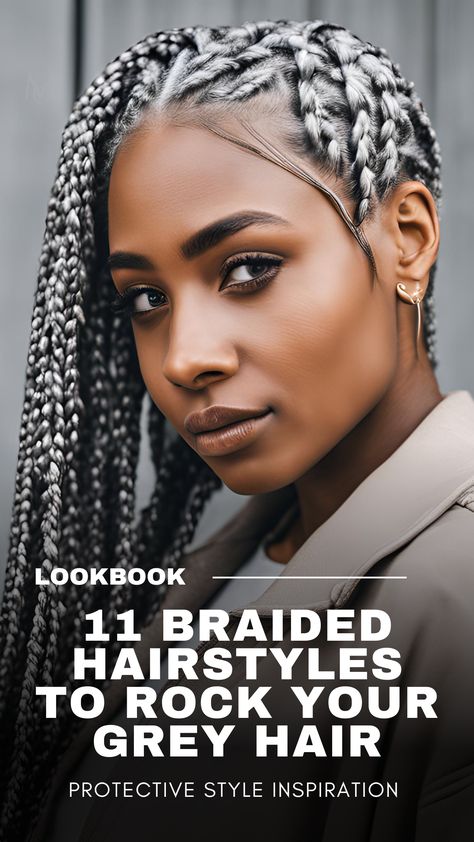 Grey hair can be beautiful and elegant, but it also requires special care to maintain its health and vibrancy. Protective hairstyles help keep textured grey hair healthy by limiting its exposure to any damage caused by the sun, the heat, the cold, or overmanipulation.  Here are the top 11 protective hairstyles for grey hair that will help you embrace your silver strands with confidence and style. African Braids Hairstyles Twist, Red And Gray Braids, Braid Styles For Gray Hair, Grey Hair Braids Hairstyles, Braids For Grey Hair Black Women, Salt And Pepper Crochet Hair Styles, Salt And Pepper Box Braids, Gray Crochet Hairstyles For Black Women, Gray Hair Braids Black Women