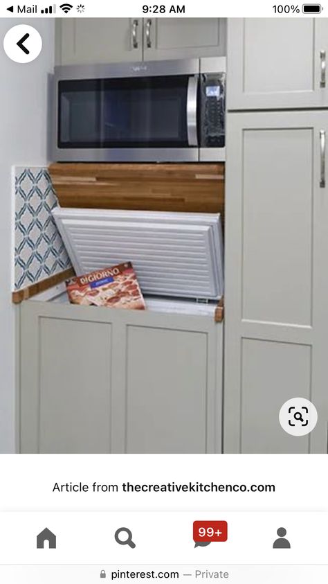 Freezer In Cabinet, Deep Freezer Laundry Room, Kitchen With Deep Freezer, Hide Chest Freezer In Kitchen, Hidden Chest Freezer In Kitchen, Deep Freezer Cabinet, Built In Freezer Cabinet, Hidden Small Pantry, Under Cabinet Freezer