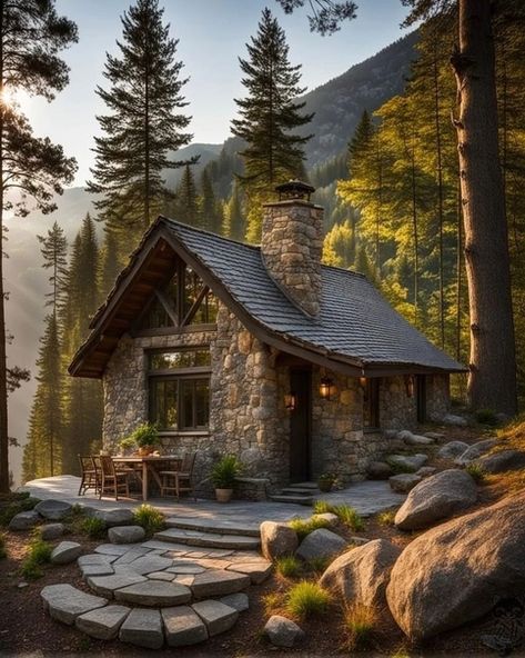 Small Stone Cottage, Building A Small House, Cabin Style Homes, Stone Cabin, Log Cabin Rustic, Small Log Cabin, Stone Cottages, Cabin Living, Dream Cottage