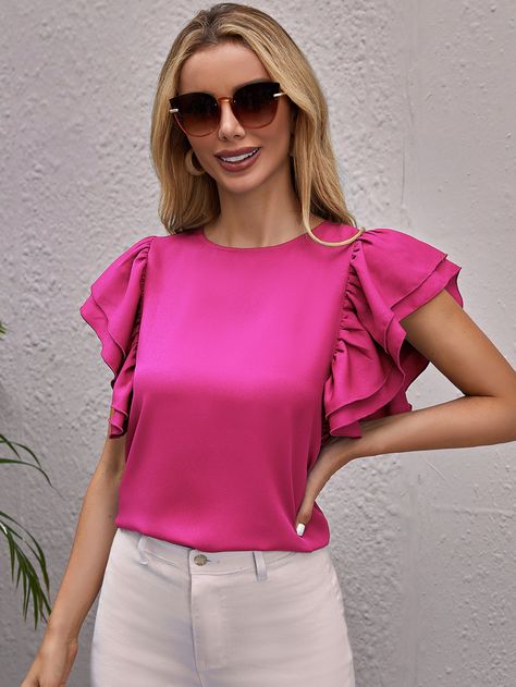 Hot Pink Butterfly, Butterfly Sleeve Blouse, Business Formal Dress, Coachella Dress, Formal Dresses Gowns, Ruffle Sleeve Blouse, Butterfly Sleeve, Spring Boho, Preppy Casual