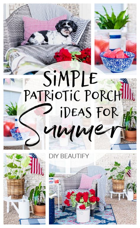 4th Of July Porch Ideas, Memorial Day Porch Decor, Americana Porch Decor, Patriotic Porch Ideas, Summer Porch Ideas, Patriotic Front Porch Decor, Patriotic Porch Decor, Patriotic Front Porch, Vintage Crocks