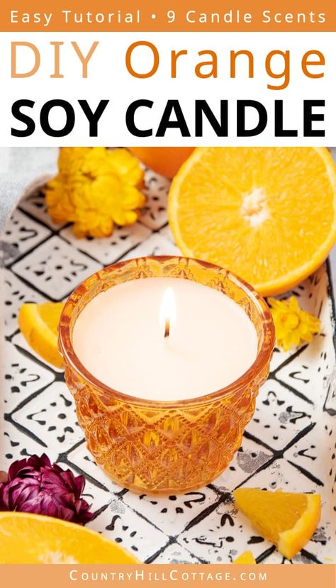 See how to make natural DIY lemon candles in a mason jar that smell like real citrus fruit! Sunny lemon scented candles are sure to brighten your day! The all-natural citrus candle is made with soy wax plus lemon essential oil and has a refreshing crisp scent. This candle recipe includes lots of tips for the best smelling lemon candles, mentions benefits, and different lemon blend scents with lavender, vanilla, rosemary, ginger, cinnamon, citronella, orange and others. | CountryHillCottage.com Diy Orange Candle, Lemon Candles, Orange Peel Candle, Candle Recipe, Lemon Scented Candle, Lemongrass Candle, Orange Scented Candle, Candle Scents Recipes, Citrus Candle