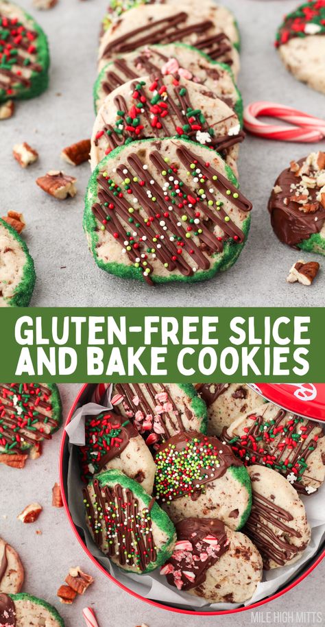 Gluten-free Slice and Bake Shortbread Cookies are my favorite easy Christmas cookies to make, since you can make several different flavors and use so many different toppings. They're only 6 ingredients, are made ahead of time, rolled into cookie dough logs and chilled in the fridge. Then slice and bake them when you're ready! Easily made dairy-free too. Gluten Free Xmas Cookies, Dairy Free Christmas Treats, Gluten Free Xmas, Slice And Bake Shortbread, Dairy Free Dessert Christmas, Dairy Free Christmas Cookies, Christmas Cookies To Make, Gluten Free Christmas Cookies Recipes, Peanut Free Desserts