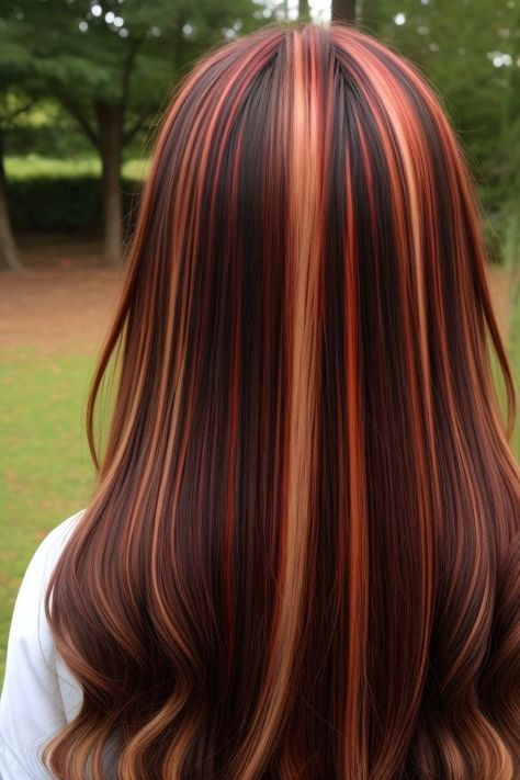 The 8 Best Haircuts for Thick,  Straight Hair - HerStyler Halloween Hair Color Ideas For Brunettes, Cowboy Copper Highlights On Dark Hair, Black And Copper Hair, Copper Highlights On Dark Hair, Copper Balayage Brunette, Copper Hair Dark, Cowboy Copper, Skunk Hair, Rambut Brunette