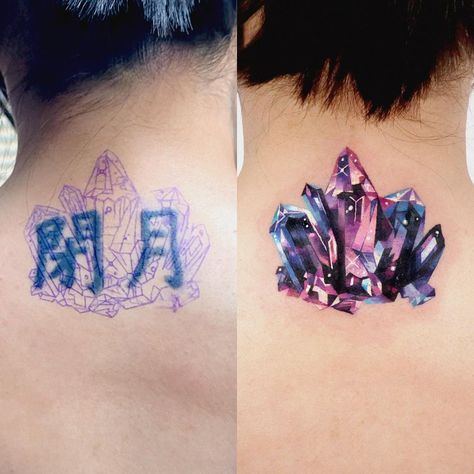 Purple Cover Up Tattoo, Blacked Out Tattoo Cover Up, Dark Tattoo Cover Up Ideas For Women, Flower Cover Up Tattoos, Learn To Tattoo, African Tattoo, Crystal Tattoo, Back Piece Tattoo, Flame Tattoos