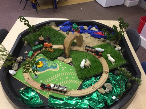 The Train Ride small world play by Linda Train Play Ideas, Train Tuff Tray Ideas, The Train Ride Eyfs, The Train Ride Eyfs Activities, Play Schemas, Tuff Table, Science Exhibition Ideas, Tuff Tray Ideas Toddlers, Science Exhibition Projects