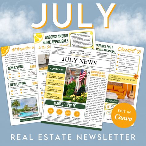 Summer Real Estate Newsletter, July Realtor Marketing Newsletter, July Newsletter, July Flyer, Editable Canva Template J07 July Newsletter Template, Summer Real Estate, Real Estate Newsletter, Newsletter Marketing, Realtor Instagram, Realtor Branding, Summer Marketing, Marketing Flyers, Real Estate Templates