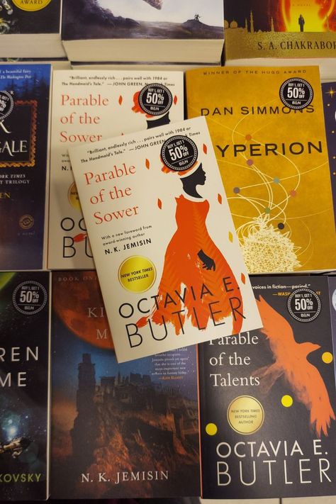 a picture of Parable of the Sower by Octavia E. Butler in front of more books Butler Aesthetic, The Parable Of The Sower, Octavia E Butler, Octavia Butler, Parable Of The Sower, Dan Simmons, English Major, Handmaid's Tale, Book Aesthetics