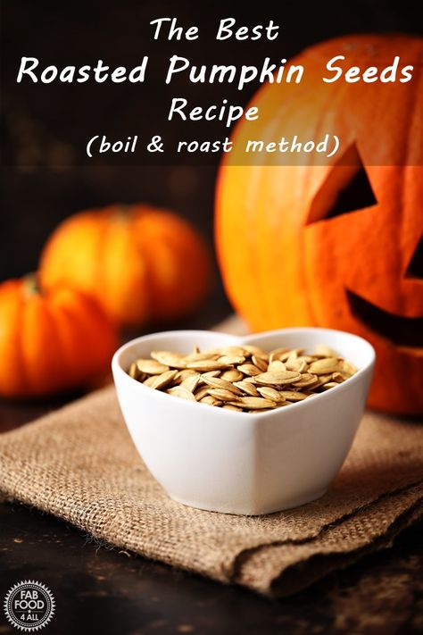 The Best Roasted Pumpkin Seeds Recipe (boil & roast) | Fab Food 4 All Roasted Pumpkin Seeds Recipe, Pumpkin Seeds Recipe, Pumpkin Hot Chocolate, Pumpkin Seed Recipes, Autumn Holiday, Toasted Pumpkin Seeds, Roasted Pumpkin, Roasted Pumpkin Seeds, Fall Recipe