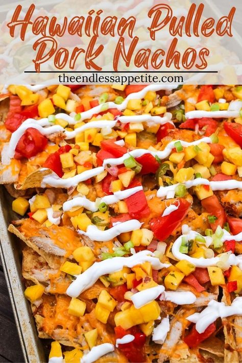 Hawaiian Nachos, Pineapple Appetizers, Fried Mushroom Recipes, Hawaiian Pulled Pork, Mango And Pineapple, Pulled Pork Nachos, Pork Nachos, Creamy Cucumber Salad, Mango Pineapple