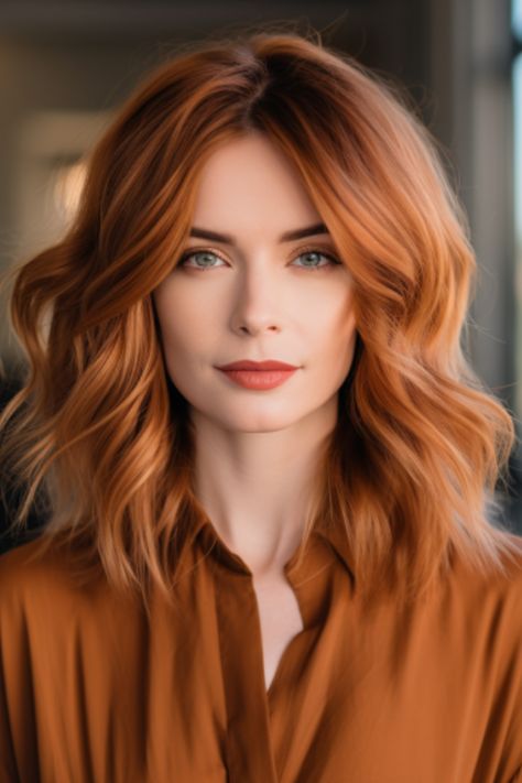 Get the Look | Trendy Hair Color Ideas for Brunettes 2 Tone Copper Hair, Natural Redhead With Highlights Copper, Spring Copper Hair Color, Low Maintenance Copper Hair, Red Hair Over 50 Older Women, Copper Bob Hair, Copper Lob, Golden Copper Hair Color, Hair Color Ideas For 2023