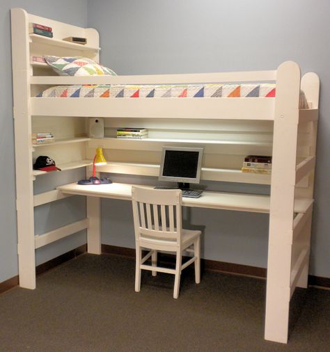 Idea for new bed Bed With Desk Underneath, Loft Bed Desk, Loft Beds For Teens, Bed Bunk, Loft Bed Plans, Loft Bed With Desk, Diy Loft Bed, Bunk Bed With Desk, Kids Loft