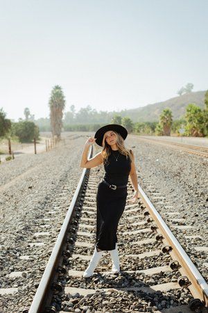 Carefree Photography, Senior Pictures Railroad Tracks, Railroad Senior Pictures, Train Track Poses, Railroad Photoshoot, Clean Photos, Train Tracks Photography, Western Photo Shoots, Track Senior Pictures