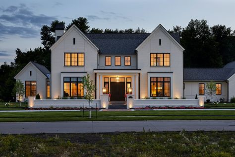 Transitional Farmhouse Exterior, Modern English House, White Exterior Houses, Transitional Exterior, Mill House, French Country House Plans, Modern Contemporary Homes, Modern Farmhouse Exterior, Inspiration Photos