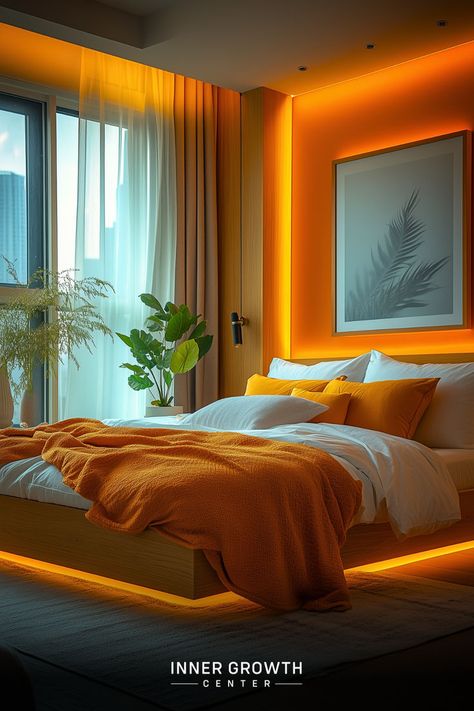 Modern bedroom with warm amber lighting, white bedding, orange accents, and tropical plants. Sunset Bedroom Decor, Purple And Orange Bedroom Ideas, Mindful Bedroom, Sunset Inspired Bedroom, Sunset Aesthetic Room, Sunset Room Decor, Sunset Bedroom Aesthetic, Tranquil Bedroom Ideas, Sunset Bedroom