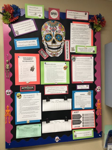 Student bulletin board, radiologic technologist, clinical instructor, xray, radiology, sugar skulls Radiology Bulletin Board Ideas, Radiology Week Ideas, Radiology Tech Week Games, Radiology Poster, Rad Tech Week Ideas, Student Bulletin Board, Radiology Art, Rad Tech Student, Clinical Instructor