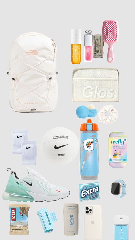 What to pack in ur bag for volleyball School Backpack Essentials, Volleyball Bag, Nike Volleyball, Volleyball Inspiration, School Bag Essentials, Backpack Essentials, Volleyball Drills, Organization Board, Volleyball Outfits