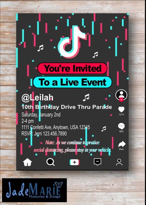 Tik Tok Birthday party Invitation- Tik Tok Birthday Drive Thru Parade Invite Tik Tok Themed Birthday Party, Tik Tok Birthday Party, Tik Tok Birthday, Memories Design, Tiktok Party, Tiktok Birthday, Rockstar Birthday, Rockstar Birthday Party, Teenager Birthday