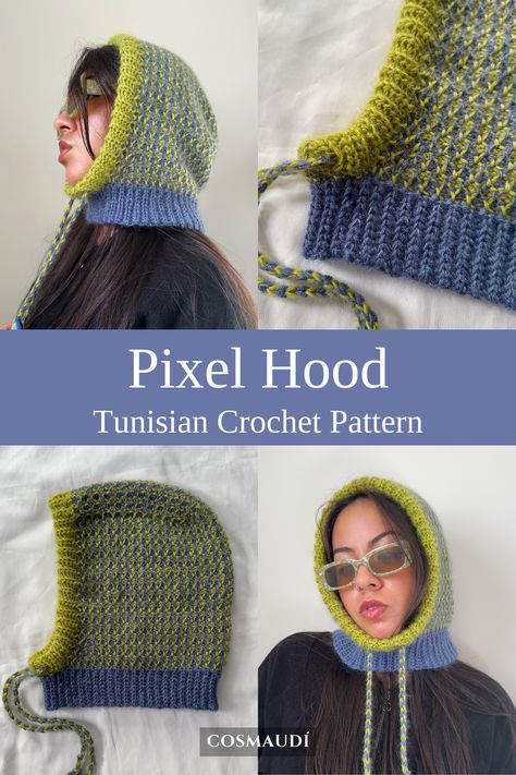 Tunisian Crochet Balaclava, Knit Set Pattern, Fun Knitting Projects For Beginners, Tunisian Crochet Ideas, Tunisian Crochet Clothes, Crochet Headscarf Pattern Free, Crochet Winter Accessories, Crocheted Hood, Crochet Hood Pattern