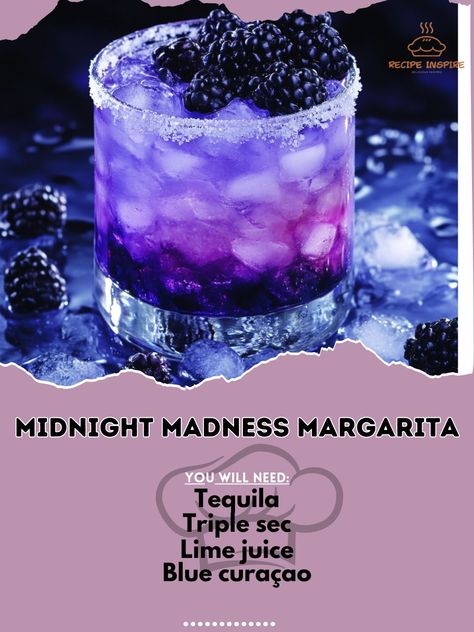 🌙🍹 Embrace the night with the Midnight Madness Margarita – a dark and delightful twist on a classic cocktail! #MidnightMargarita #NightOwl Midnight Madness Margarita Ingredients: Tequila (1 1/2 oz) Triple sec (1/2 oz) Lime juice (1 oz) Blue curaçao (1/2 oz) Blackberries (for garnish) Salt (for rim, optional) Ice (as needed) Instructions: Rim the glass with salt (optional). Shake tequila, triple sec, and lime juice with ice. Strain into a glass filled with ice. Float blue curaçao on top an... Drinks With Triple Sec, Liquid Marija Drink Recipe, Alcoholic Drink Names, Midnight Drink, Werewolf Party, Midnight Margaritas, Margarita Party, Margarita Ingredients, Drink Names