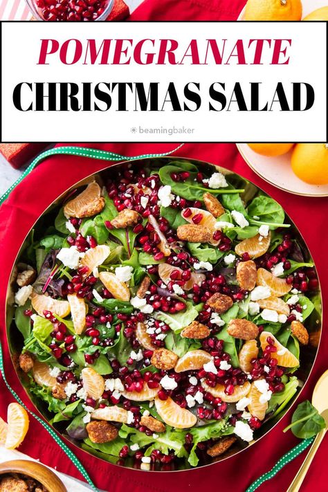 Bright, fresh, sweet and delicious: Christmas Salad includes juicy clementine oranges, pomegranate, sweet candied pecans, and feta cheese with fresh spring greens all wrapped in the best honey mustard dressing! | Recipe at BeamingBaker.com Pomegranate Pecan Salad, Orange And Pomegranate Salad, Apple Pomegranate Harvest Salad, Christmas Salad Pomegranate, Pomegranate Seed Salad, Christmas Pomegranate Salad, Salad Recipes With Pomegranate Seeds, Feta Pomegranate Salad, Christmas Salad With Pomegranate Seeds