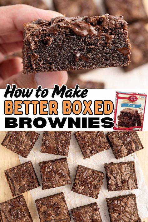 Take your boxed brownies to the next level with this easy recipe! With just a few extra ingredients, you can make brownies that taste like they came straight from a bakery. Perfect for any dessert lover, these doctored-up brownies are rich, fudgy, and irresistible. Elevate your brownie game with these simple hacks! #BrownieHacks #BoxedBrownies #EasyDesserts #BakingTips #DessertGoals Enhanced Box Brownies, Gourmet Brownies Boxes, Improving Box Brownies, Gooey Brownies Box Baking, Add Peanut Butter To Boxed Brownies, How To Doctor Up Brownie Mix Boxes, Better Brownies From A Box Recipe, Things To Add To Box Brownies, Improve Box Brownies