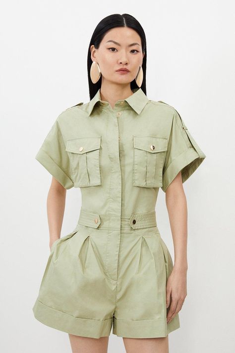 Cotton Sateen Woven Utility Playsuit Business Casual Outfits Denim, Utility Outfit, Safari Outfit Women, Jumpsuit Ideas, Utility Fashion, Hen Do Outfits, Petite Wedding Guest Dresses, Workwear Capsule Wardrobe, Workwear Capsule