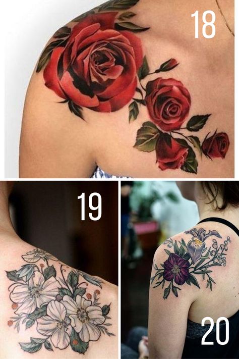 Blooming Shoulder Flower Tattoo Ideas - TattooGlee Shoulder Scar Tattoo Cover Up, Back Shoulder Blade Tattoos For Women, Shoulder Flower Tattoos For Women, Shoulder Flower Tattoo, Shoulder Cover Up Tattoos, Flower Cover Up Tattoos, Flower Side Tattoo, Front Shoulder Tattoos, Shoulder Cap Tattoo