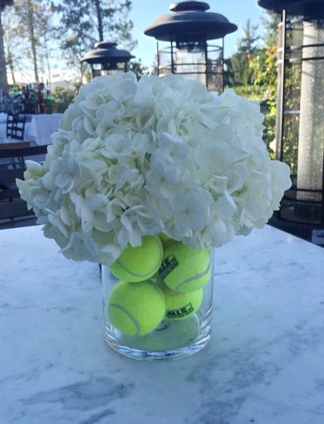 Tennis Ball Centerpieces Diy, Tennis Party Ideas Decoration, Tennis Themed Centerpieces, Tennis Flower Arrangements, Tennis Cocktail Party, Tennis Banquet Ideas Centerpieces, Tennis Banquet Decorations, Tennis Ball Centerpieces, Tennis Ball Decor