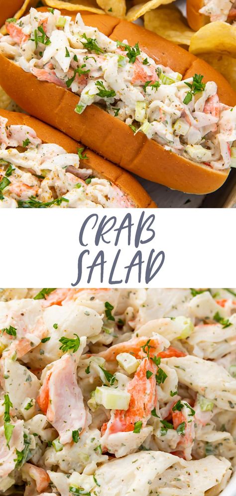 This crab salad is a flavorful take on seafood salad, made with imitation crabmeat, celery, green onions, mayonnaise, and some Old Bay seasoning for tons of flavor. Delicious with crackers or stuffed into buns for an inexpensive but delicious play on lobster rolls! Fake Seafood Recipes, Fake Crabmeat Recipes, Recipes With Surimi, Healthy Seafood Salad, Recipes With Fake Crab Meat, Artificial Crab Recipes, Fake Crab Salad, Real Crab Salad, Fake Crab Recipes