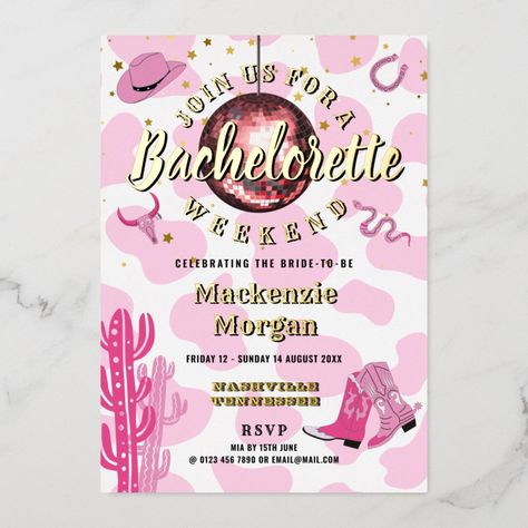 Disco Cowgirl Bachelorette Weekend Party Foil Invitation | #bachelorettepartyinvitations #bacheloretteweekend #disco #cowgirl #bacheloretteitinerary #desertcactus #spacecowgirlparty #cowgirlbirthday #weddingweekend #foilinvitation Disco Cowgirl Bachelorette, Rodeo Birthday Party, Rodeo Birthday Parties, Cowgirl Bachelorette Parties, Bachelorette Weekend Invitations, Bachelorette Itinerary, Bachelorette Party Supplies, Cowgirl Bachelorette, Rodeo Birthday