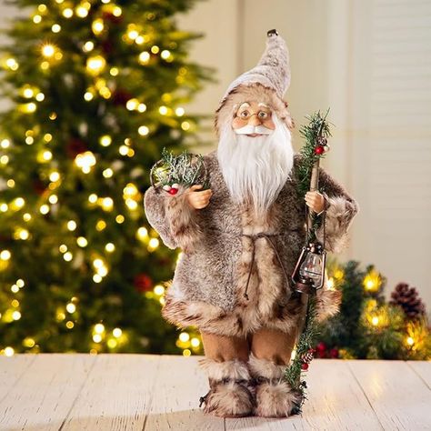 Fur Coat And Boots, Soft Beard, Gold Globe, Santa Toys, Neutral Christmas Decor, Santa Doll, Santa Decorations, Santa Figurines, Chubby Cheeks