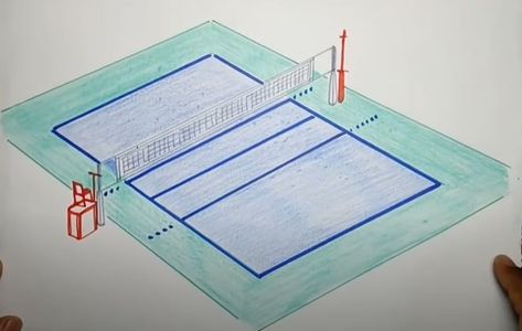 How to draw a Volleyball Court Step by Step Volleyball Drawing Easy, Volleyball Court Drawing, Volleyball Net Drawing, Volleyball Court Diagram, Volleyball Court Dimensions, Draw A Volleyball, Volleyball Drawing, Volleyball Court, Sports Drawings