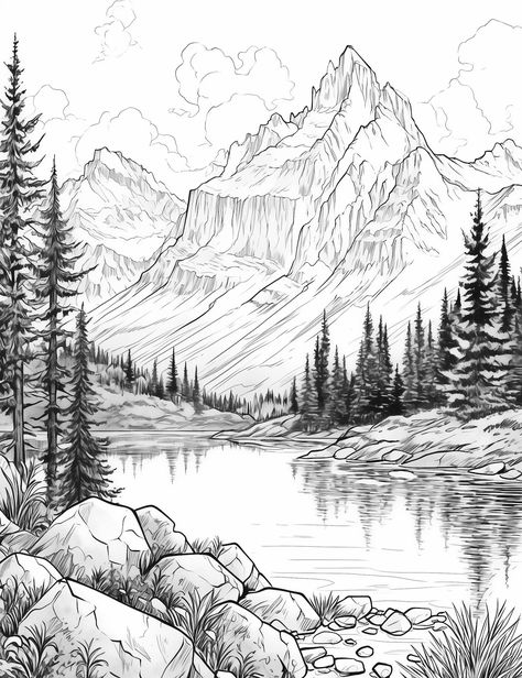 Nature Coloring Pages, Lake Tattoo, Mountain Sketch, Coloring Pages Nature, Gambar Lanskap, Our Mindful Life, Elephant Coloring Page, Breathtaking Nature, Mountain Drawing