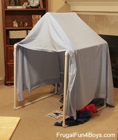 Use PVC pipe to make a stable frame for a play tent or fort - fun!! #kidsactivities Pvc Pipe Fort, Pvc Fort, Pvc Pipe Tent, Indoor Forts, Diy Fort, Pvc Tent, Play Fort, Kids Forts, Pvc Pipe Projects