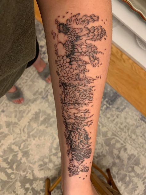 "Coral reef forearm tattoo done by Kari Rhoades at Neon Dragon Tattoo in Cedar Rapids, Iowa. (Original design by me)" by kameahh on Reddit Sea Anemone Tattoo, Ocean Patchwork Tattoo, Coral Tattoo Reef, Coral Tattoos, Aquatic Tattoos, Coral Reef Tattoo, Reef Tattoo, Coral Tattoo, Neon Dragon